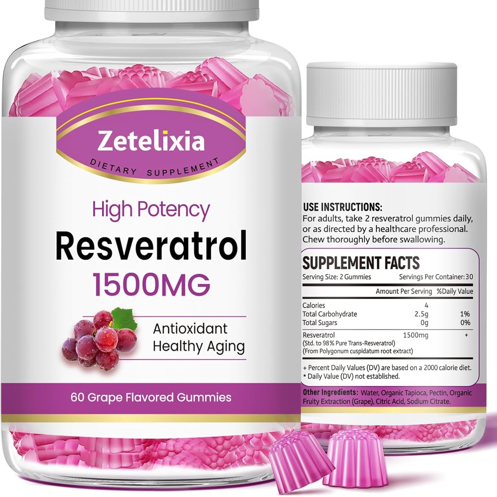 Gumy bez cukru Resveratrol - Wysokiej czystości Resveratrol Suplement dla przeciwutleniaczy, Zdrowe starzenia, Skóra, Mózg, Organic - 120 Gummies