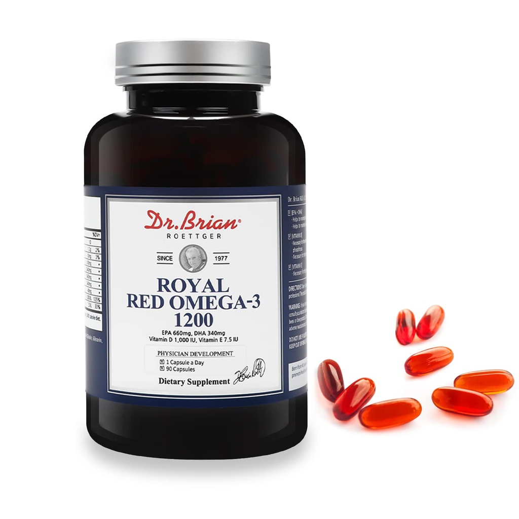 Dr Brian Royal Red Omega 3 1200, Fish Oil Supplement with EPA and DHA Omega3 Fish Oil Contain Witamina D, E Omega-3 Wsparcie zdrowia fizycznego - 90 Soft żele