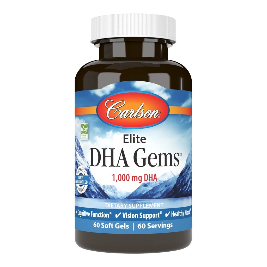 Carlson - Elite DHA Gems, 1000 mg DHA, Wild Caught, Sustainable Sourced, Function & Healthy Vision, 60 Softgels