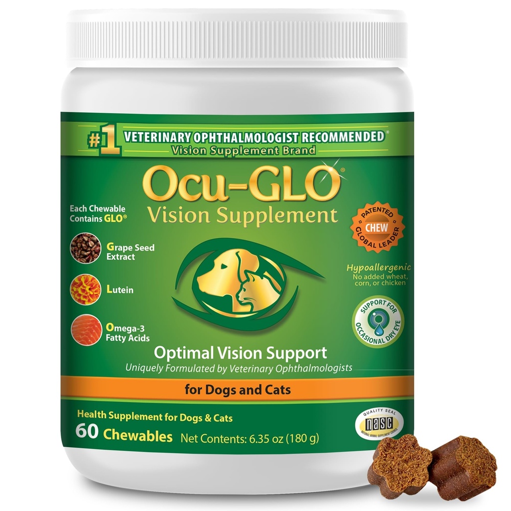 Ocu- GLO Cat & Dog Senior Supplement for Eye Support - Vision Chewable suplements for Large and Small Pets Care with Lutein, Omega- 3.