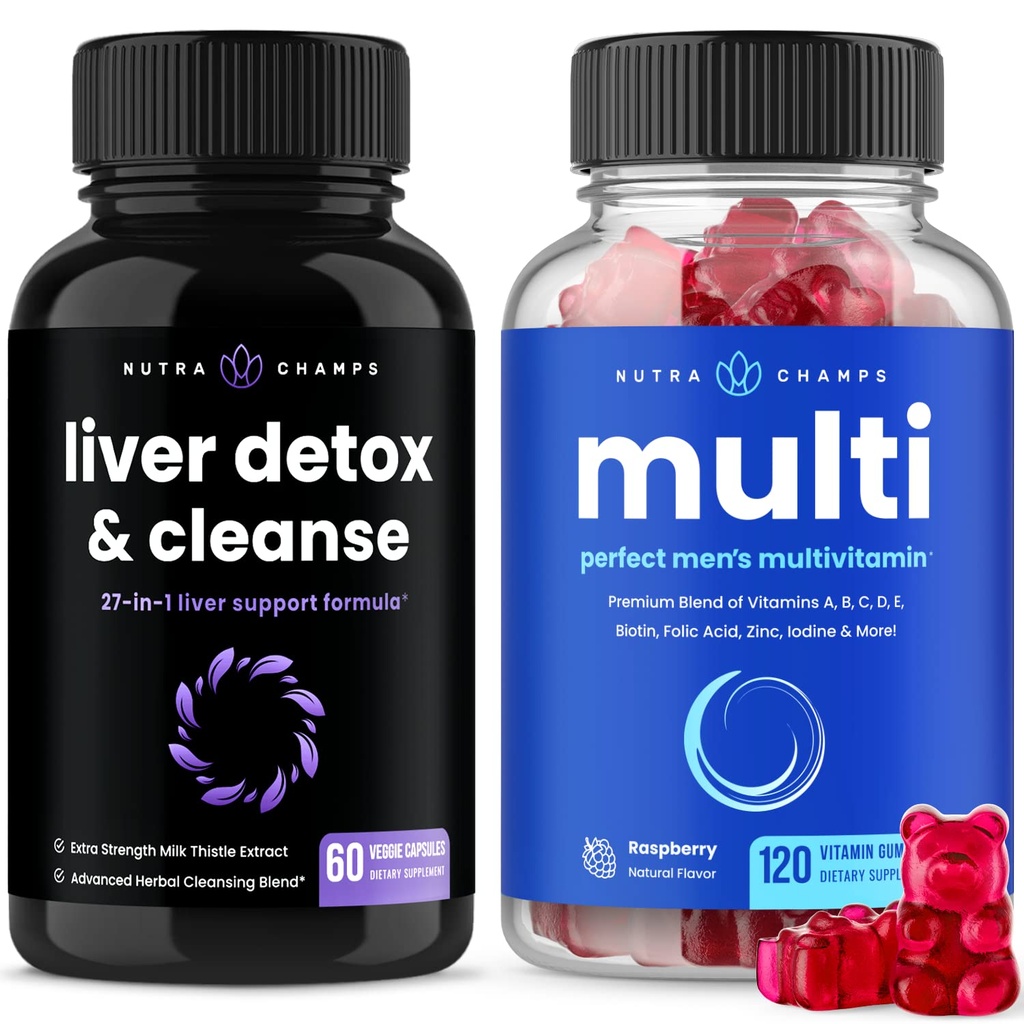 NutraChamps Liver Cleanse Detox kapsułki i (2- Pack) Men 's Multivitamin Gummies Bundle
