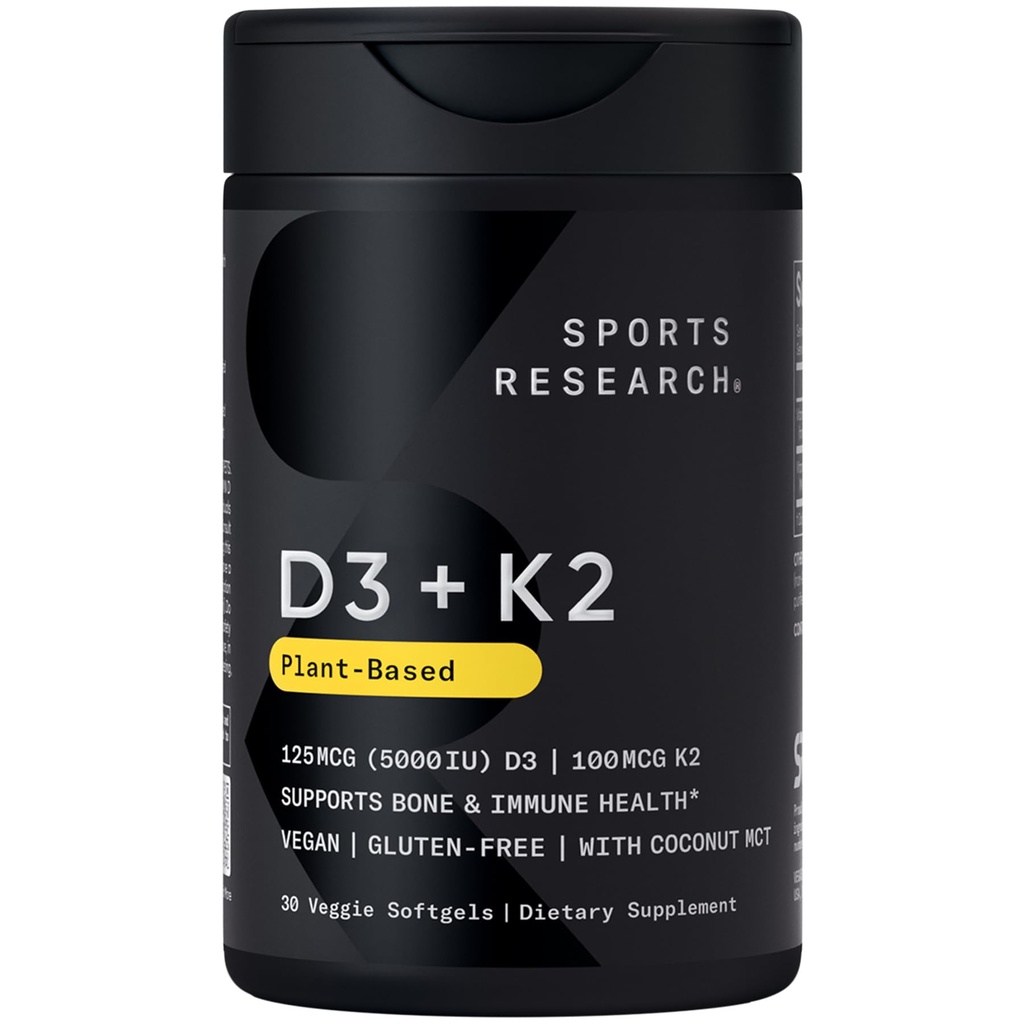 Badania sportowe Wegan Witamina D3 + K2 Suplement z organicznym olejem kokosowym - 5000iu Witamina D ze 100mcg Mk7 Witamina K - Wspiera wapń dla silniejszych kości i immunologicznego zdrowia - 30 Softgels dla dorosłych