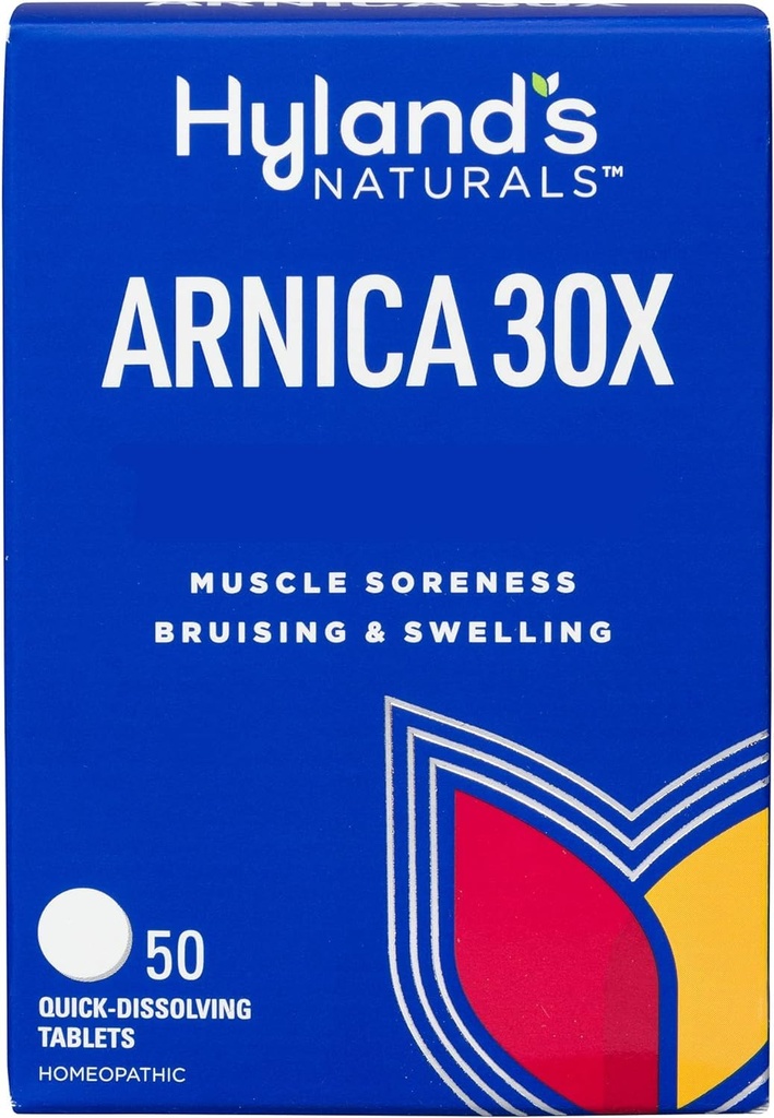Hyland 's Arnica Montana 30x Tablets, Natural Relief of Bruises, Opuchlizna i ból mięśni, Szybko rozpuszczające się tabletki (Opakowanie po 1, 50 liczyć ogółem)
