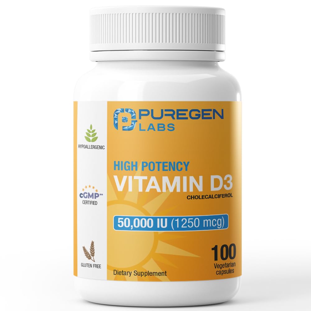 Puregen Labs Witamina D3 50 000 IU (1250 mcg) 100 Tygodni Dostawa dla Zdrowego Mięśnie Funkcje, i Immune Support, Non-GMO, Gluten Free 100 Kapsułki roślinne