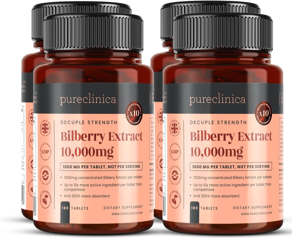 Bilberry Extract 10,000mg x 720 tabletek (4 butelki) - 10 x Więcej antocyjanidów na tabletkę niż większość innych
