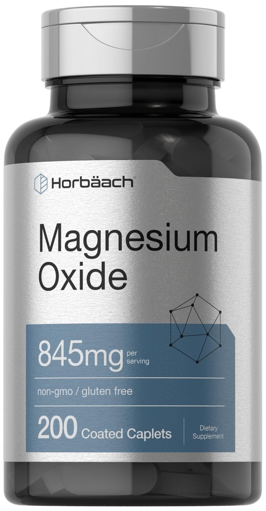 Horbäach Magnezu Oxide 124; 845 mg Evidence 124; 200 Coated Caplets Evidence 124; Vegetarian, Non-GMO, and gluten Free Supplement