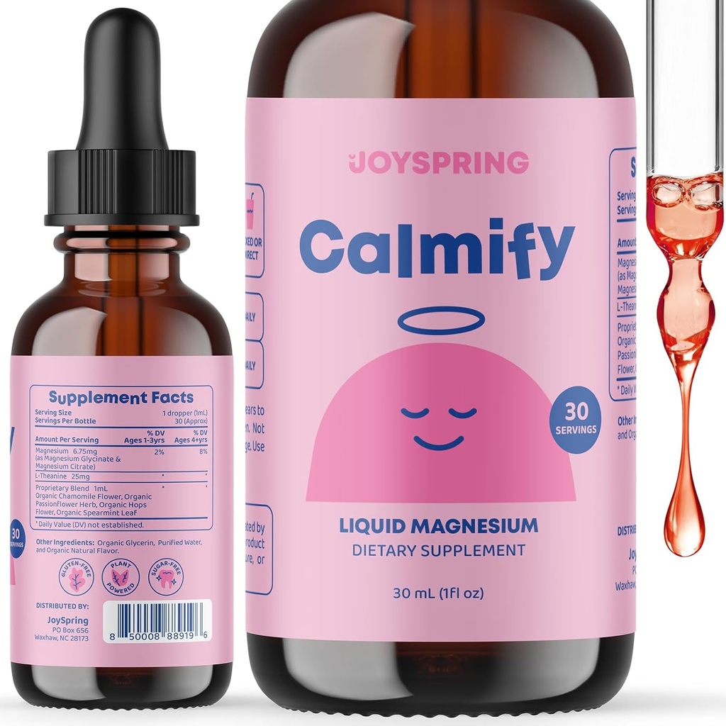 JoySpring Calmify Magnezu Citrate Liquid for Kids - Sugar-Free, Gluten- Free Calming Supplement z rumianku - Natural Support for Kids & Teens (1 fl oz) 30 Służenie