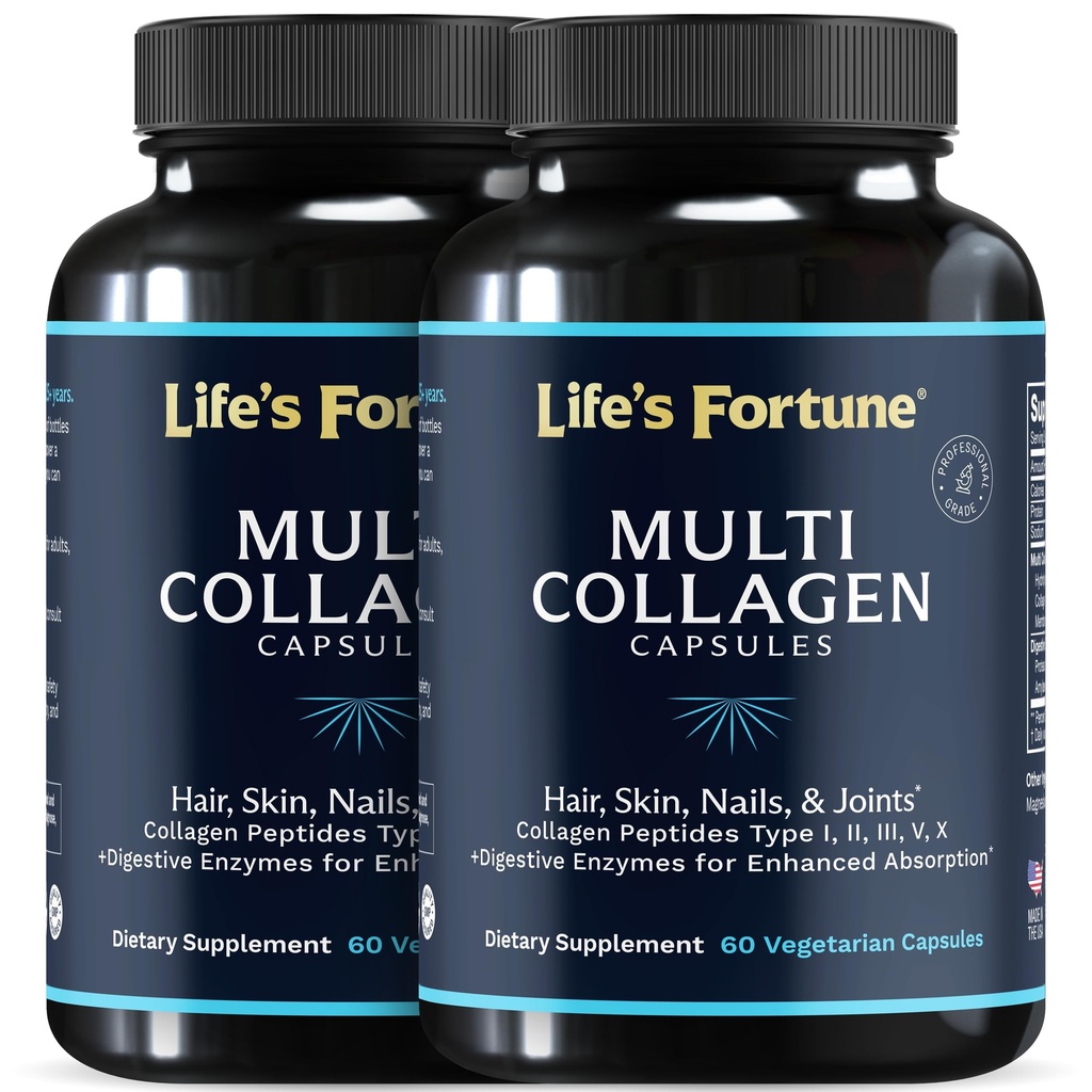 Multi Collagen Peptydes Typy I, II, III, V & X Zhydrolizowane kapsułki białkowe - Grass- Fed, Mieszanka z enzymem pokarmowym - dla skóry, włosów, paznokci, Joints & Gut Health, Unflavored (60 Count (Pack of 2))