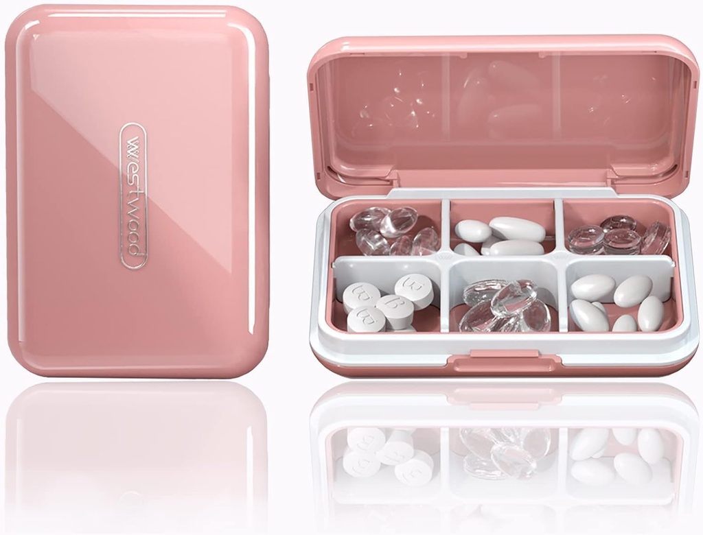 Travel Pill Organizator Wilgoć wodoodporny mały pióro Pudełko na kieszonkowe Torebka 6 Komory Przenośne pióro przypadku Medycyna Witamina Holder Pojemnik, różowy