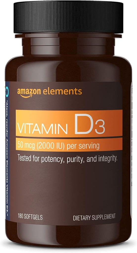 Elementy witaminy D3, 2000 j. m., 180 Softgels, 6 miesięcy dostaw (Opakowania mogą się różnić), Wspiera silne kości i immunologicznego zdrowia