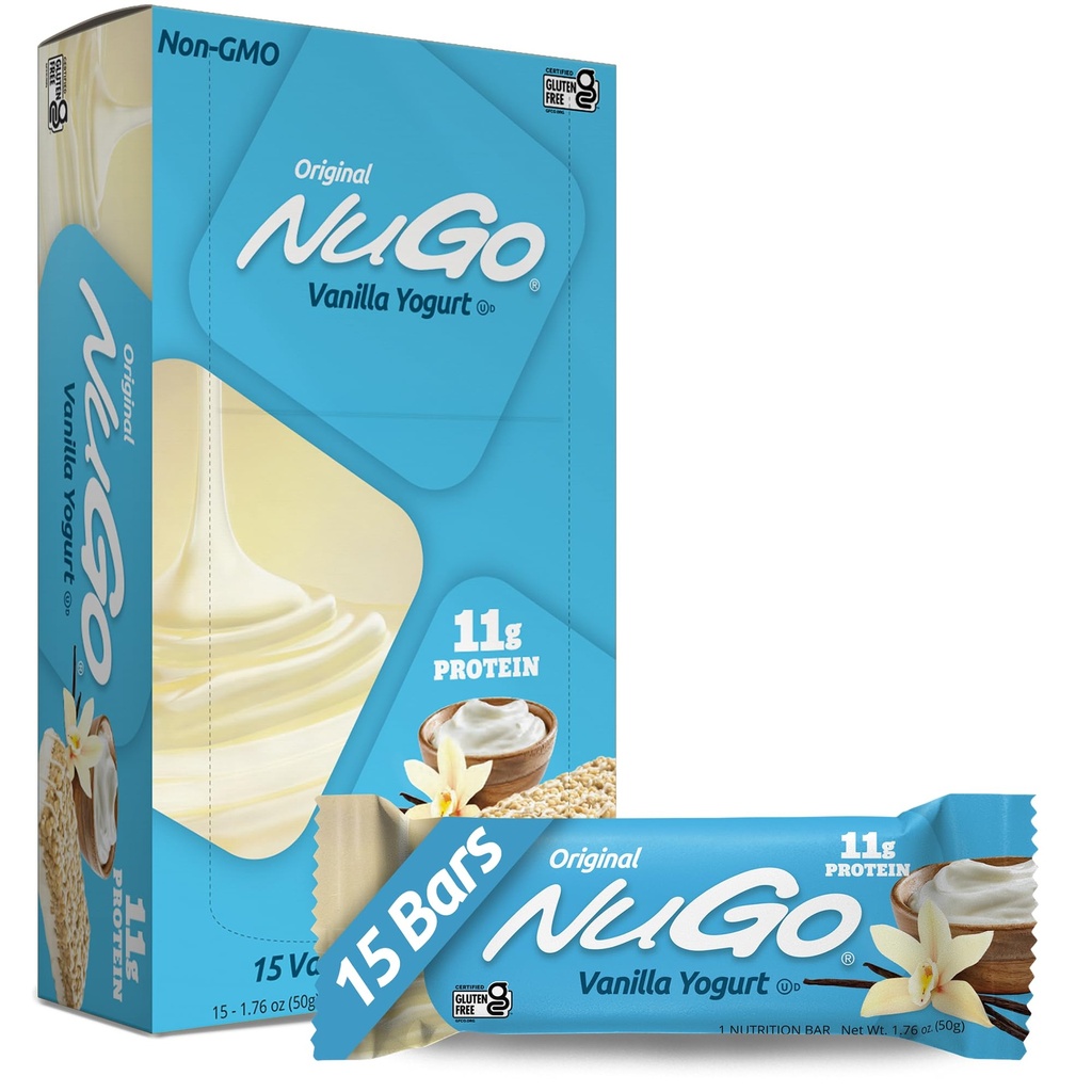 NuGo Protein Bar, Vanilla Jogurt, 11g Protein, 170 Calories, Gluten Free, 1.76 Kawałek po 15 sztuk (opakowanie po 1)
