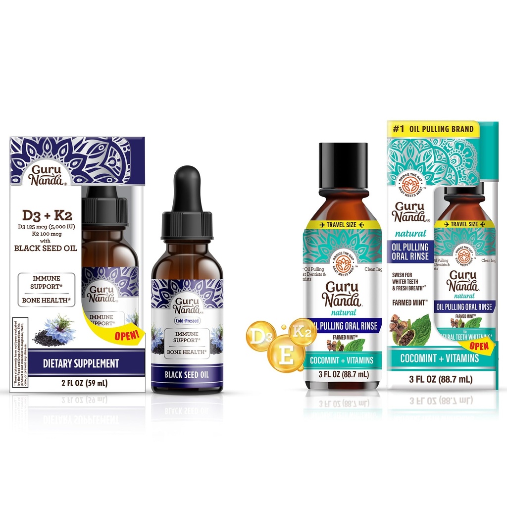 GuruNanda Black Seed Oil 5000 j.m. Witamina D3, K2 & E + Olej kokosowy Pulling z olejkami zasadniczymi Witamina D3, E, K2 dla immunologicznego wsparcia, Higiena jamy ustnej