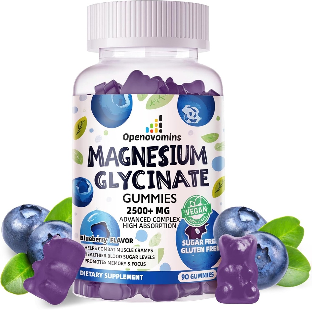 Glucynian magnezu Gummies 2500mg - Suplement potasu bez cukru Magnezu z witaminą D, B6, CoQ10 dla spokojnego nastroju i wsparcia snu - 90 Gummies z jagodami