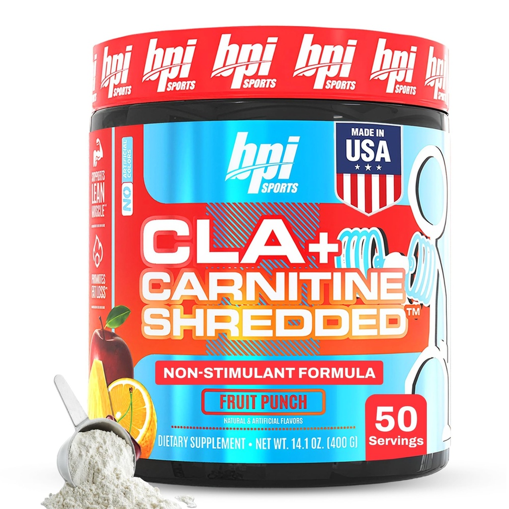 BPI Sports CLA + Carnitine Shredded - Przelicz komórki tłuszczowe do energii i wspiera Lean Muscle, Boost Metabolizm - Niestymulant L- Karnityna Suplement - Owoce Punch (14.1 oz. / 50 Służenie)