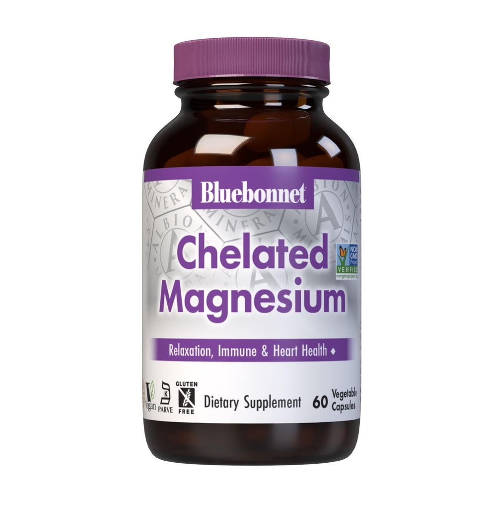 Bluebonnet Nutrition Albion Chelated Magnezu Kapsułka wegetalna, 200 mg, Stress Relief, Wegan, Nie GMO, Gluten Free, Soy Free, Mleko wolne, Kosher, 60 Kapsułki wegetacyjne, 1 Dostawa miesiąc
