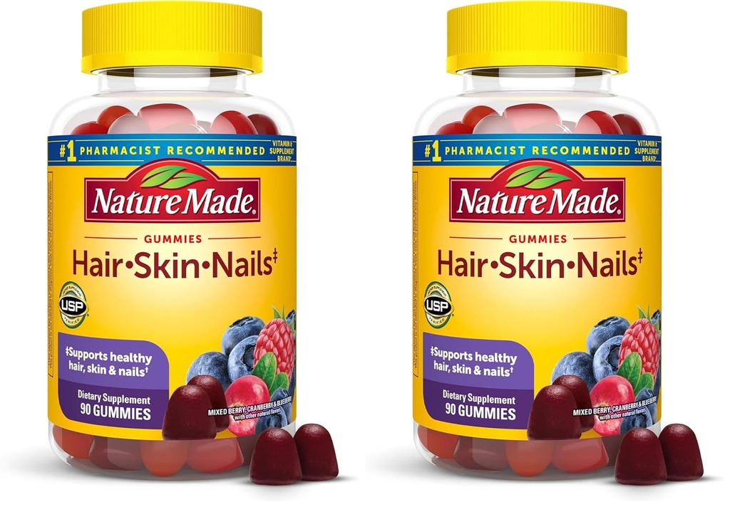 Nature Made Hair Skin and Nails with Biotin 2500 mcg, Suplement diety dla zdrowych włosów, skóry i paznokci Wsparcie, 90 Gumies, 45 Day Supply (Pack of 2)