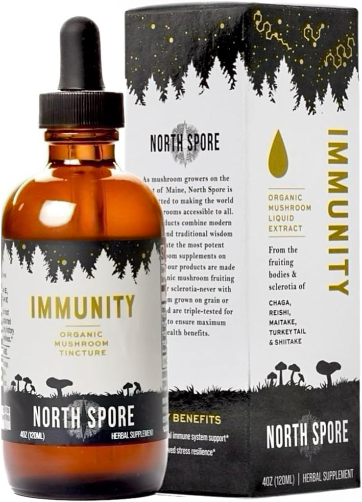 North Spore Organic Immunitety Mushroom Tincture (4 oz) 124; 100% Fruiting Body Ekstrakty 124; Chaga, Turcja Tail, Reishi, Maitake, Shiitake Yellow 124; Certified Organic, Vegan, Non-GMO Yellow 124; Adaptogenic, Made in USA