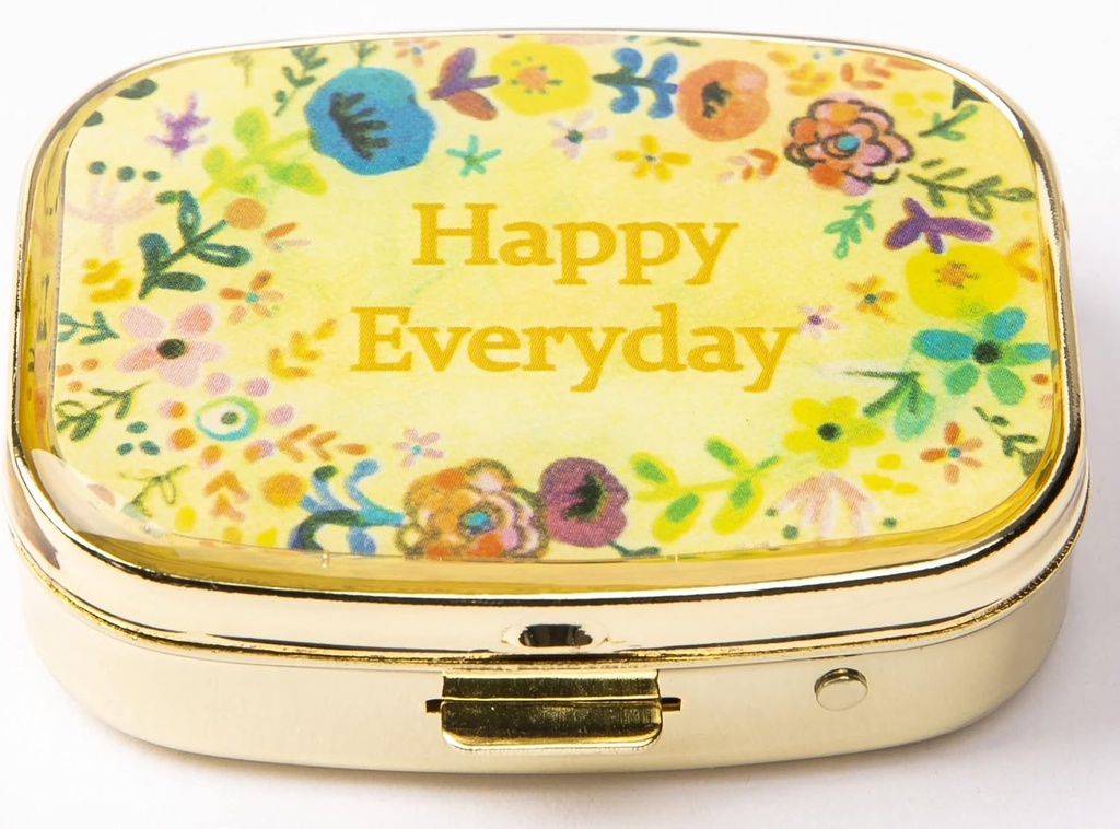 AmyZone Metal Pill Organizer Travel Friendly Portable Compact Pill Box Cute Pill Case do trzymania witamin / Tylenol / Olej rybny / Suplementy / Leki / Tabletka do torebki / Pocket (Szczęśliwy codziennie)