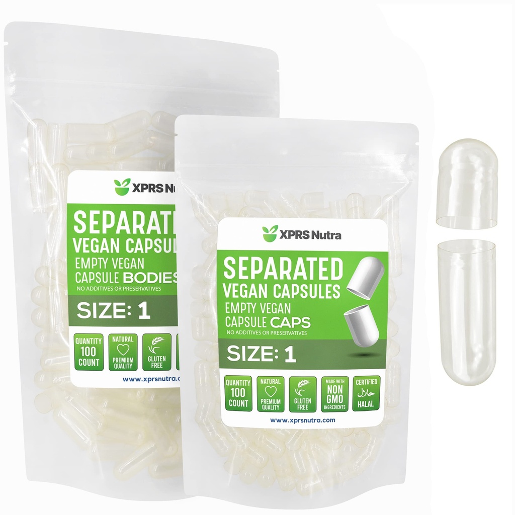 XPRS Nutra Vegan Rozmiar 1 Rozdzielone kapsułki - 100 Odliczanie jasnych Premium Puste kapsułki Rozdzielone w workach - Tabletki 1 Puste do napełniania suplementu DIY