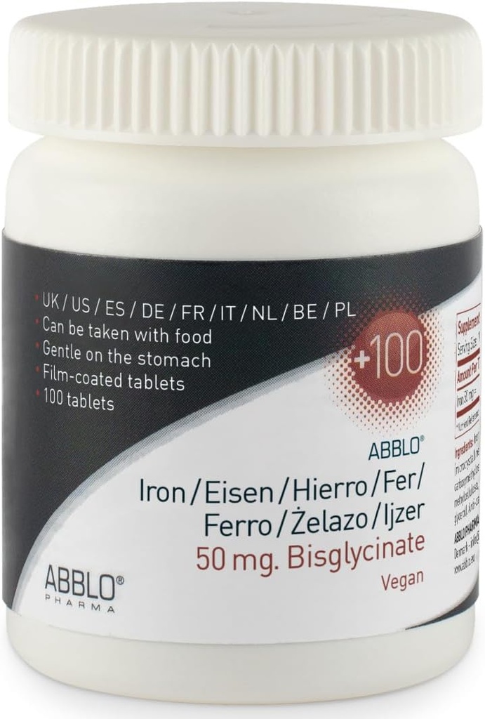 50 mg. Żelazo BISGLICINATE (100 jednostek) ABBLO jest łagodny na żołądku i może być przyjmowany z jedzeniem.