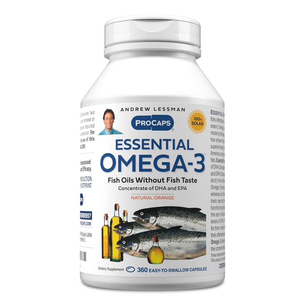 ANDREW LESSMAN Essential Omega-3 Orange - 360 Softgels - Ultra- Pure, High Potency Omega-3 Oils. Wysoka DHA, brak żołądka, brak środków trujących, brak rtęci. Małe łatwe do połykania Softgels