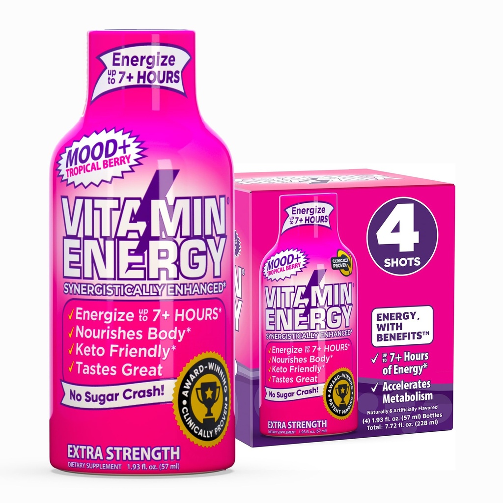 Witamina Energia Mood + Dodatkowa Moc Energy Shot Tropical Berry 4 Pack, 260mg Naturalna kofeina, B- Witaminy, Rhodiola, Rumianek, Mood & Energy Support, Zero cukru, Gluten- Free, Wegan, 1.93 fl oz