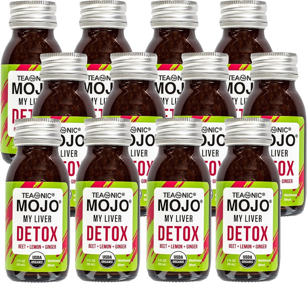 TEAONIC Moja wątroba Mojo: Detox, Wellness Mojo Shots z Black Pepper, buraki i sok z cytryny, USDA- Certified, Kofeina wolna, Gluten- Free, 2 Fl. Oz Każdy, Opakowanie 12