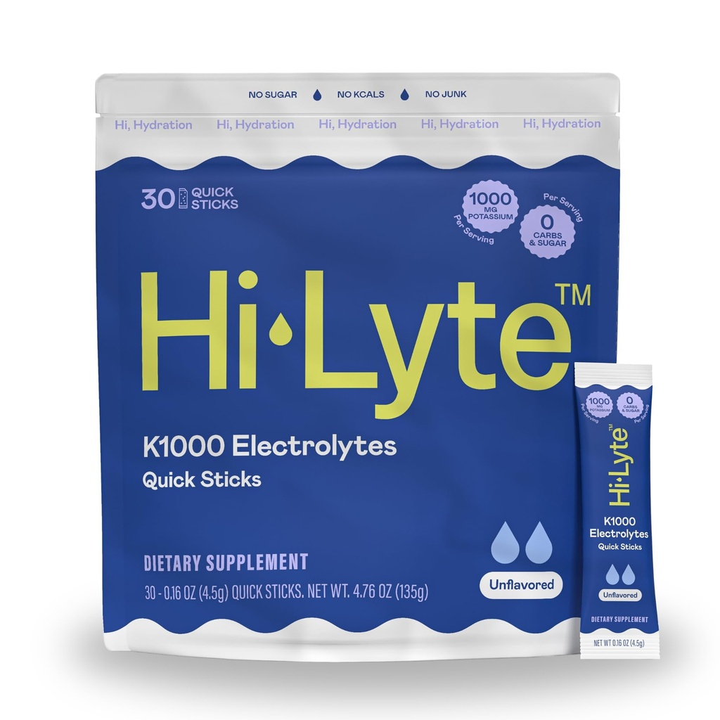 Hi- Lyte K1000 Elektrolity Sticks Unflavored Keto & Performance, 30 Służenia