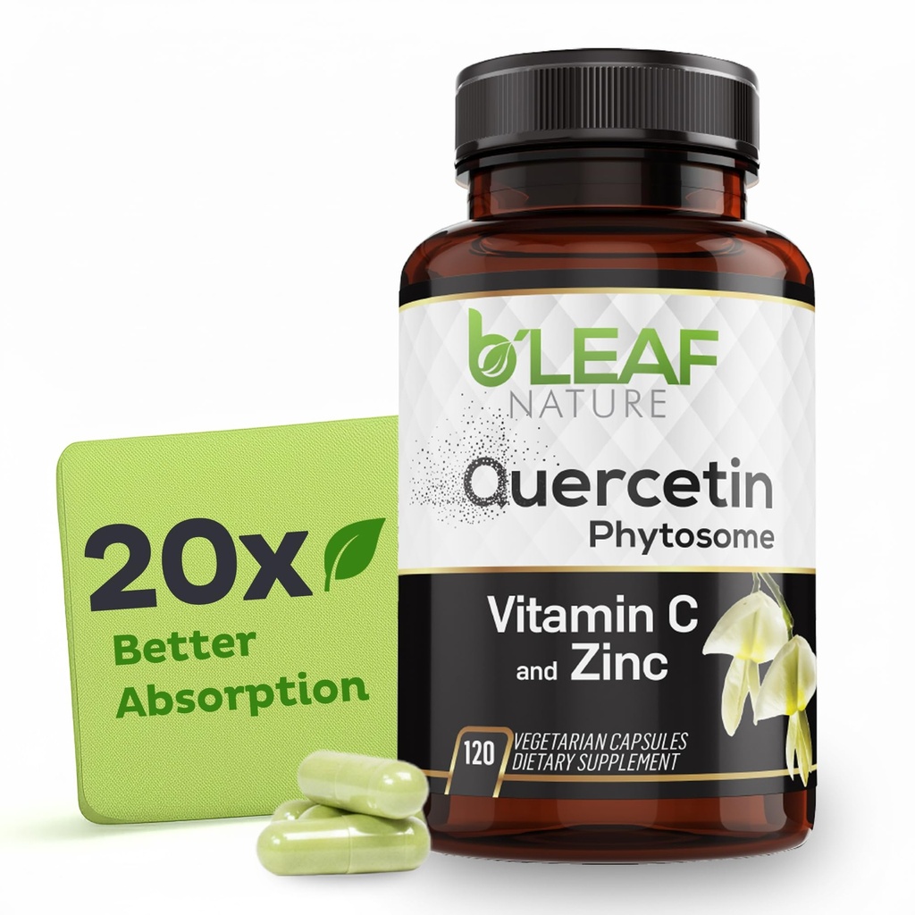 B 'LEAF Natura Quercetin Phytosome, 120 Kapsułki - 1000mg Wysoka Absorpcja Quercetin z witaminą C i cynkiem - Nie-GMO Vegetarian Quercetin Suplement do immunologicznego, energii, mózgu i sezonowego wsparcia