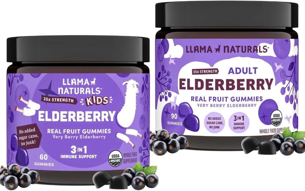 Llama Naturals Real Fruit Sambucus Elderberry Gummies dla dzieci i dorosłych 124; No Added Sugar Cane, Wegan, Organiczne wsparcie immunologiczne 124; Cynk & Natural Witamina C Gumme- oparte na plantacji, Żawkowe Gummeje dla Whole Fa