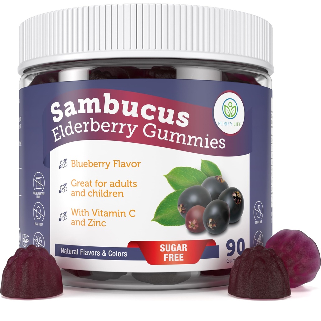 Purify Life Sugar-Free Gummies Elderberry z witaminą C & Cynk dla dorosłych i dzieci, Suplement wsparcia immunologicznego dla zdrowia układu oddechowego, Sambucus Elderberry Antioksydant Gummies - Wegan, 90 Hrabia