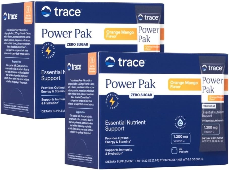 Tracle Minerals Power Pak Multivitamin i Multimineral Pakiety - Wsparcie elektrolitowe - 1200 mg witaminy C plus 70 + Tracle Minerals - Bez cukru - Pomarańczowy aromat mango - 60 Pakiety