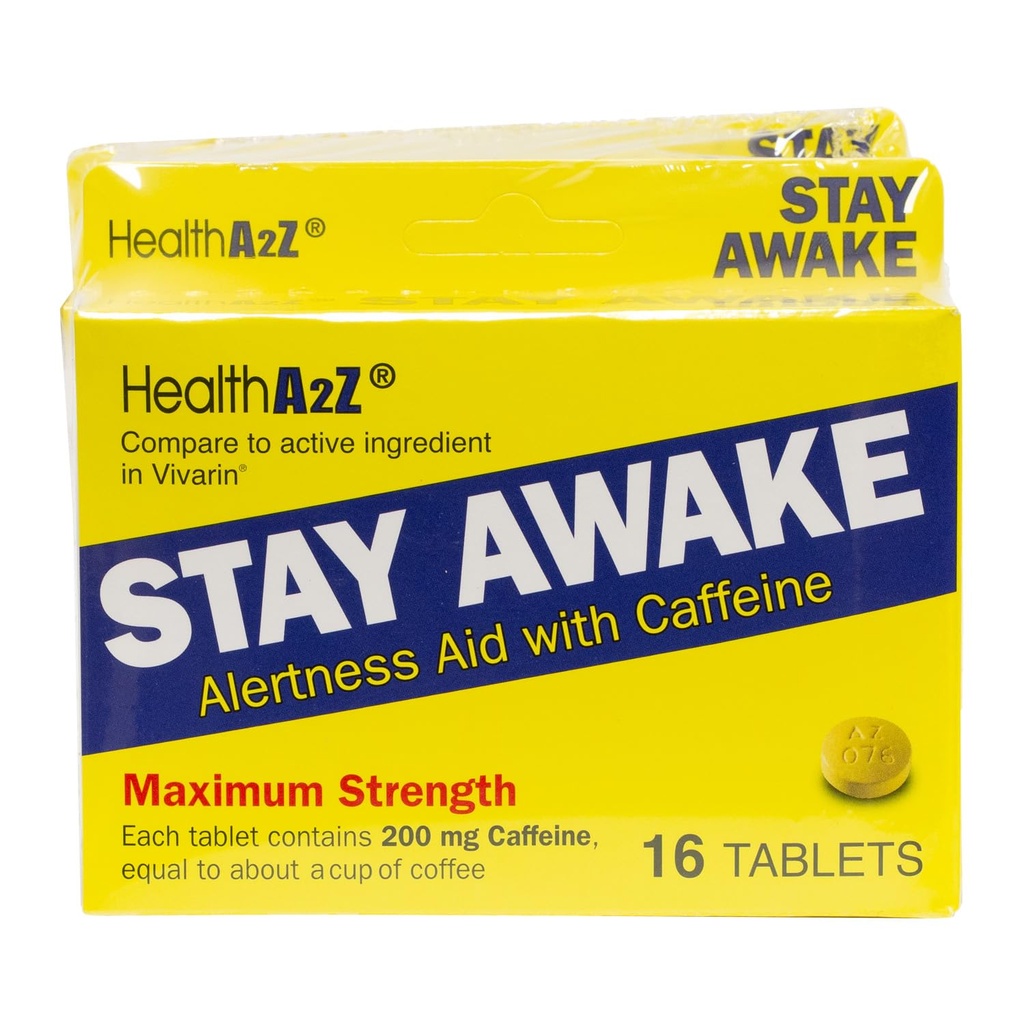 HealthA2Z ® Stay Awake 124; 200 mg Caepine 124; Alertness Aid with Caepine 124; 3 opakowania po 16 Tabletów (48 Tabletów)