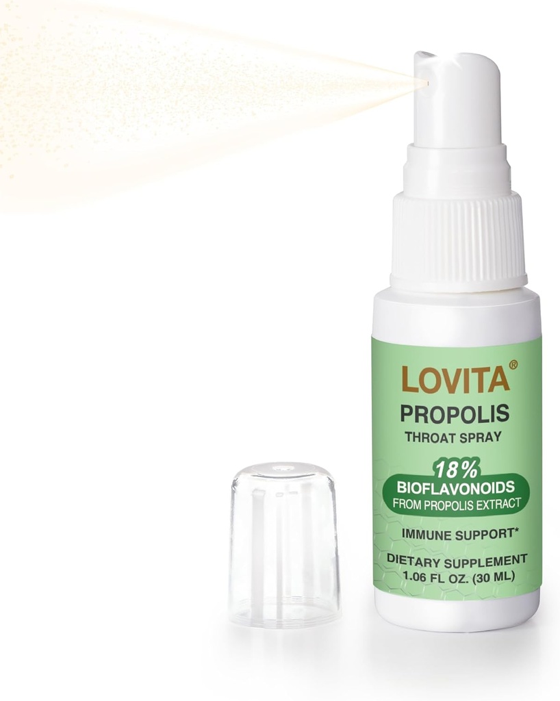 Lovita Bee Propolis Spray Gardło, 18% Bioflavonoids, Alkohol -, Wsparcie immunologiczne, Gardło Kojące, Przeciwutleniacz, Delikatny smak, 1 Fl Oz (Opakowanie 1)