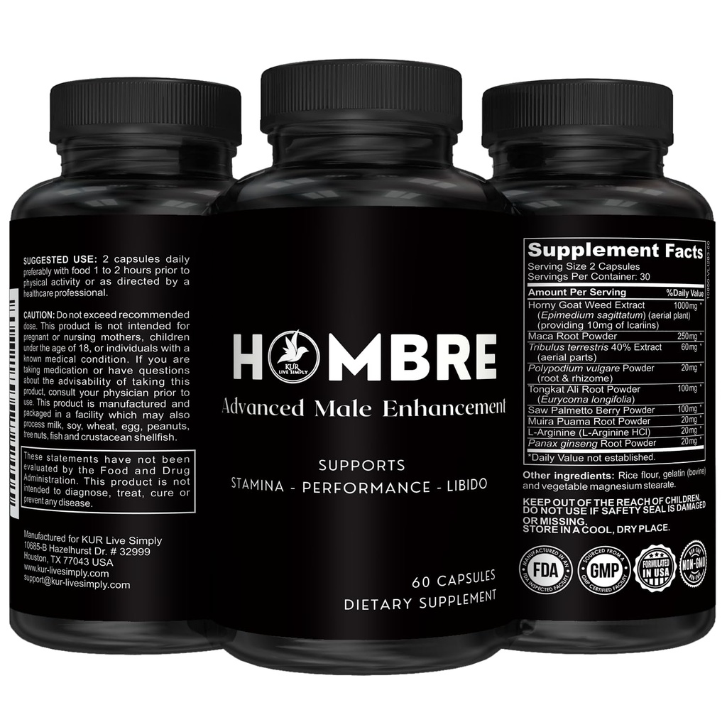 Hombre Mężczyzna Enhancing Supplement - Dodaj 2 w 60 Dni z naszych tabletek rozszerzenia dla mężczyzn wzrost mięśni - Zwiększ rozmiar, siła, Stamina - Wytrzymałość, Wydajność, Energy Booster - 60 Kapsułki
