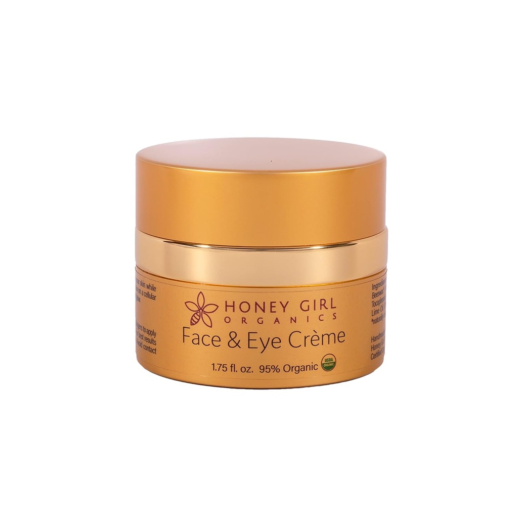 Honey Girl Organics Face & Eye Crème, USDA Certified Organic Facial Moisturizer & Under Eye Cream for Rotinkles, Dark Circles and Puffiness w / Hydrating Honey, Beeswox, Esential Oils & EVOO. 1.75oz