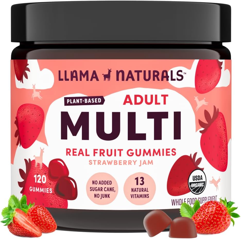 Lama Naturals Multivitamin dla kobiet i mężczyzn, Wegan, Organic Gummies z witaminą D, C & K, Dorośli Prawdziwe owoce Gummy Witaminy, suplement do żucia Multivitamin, Nie dodawany cukier trzciny cukrowej, Truskawka, 120 Ct