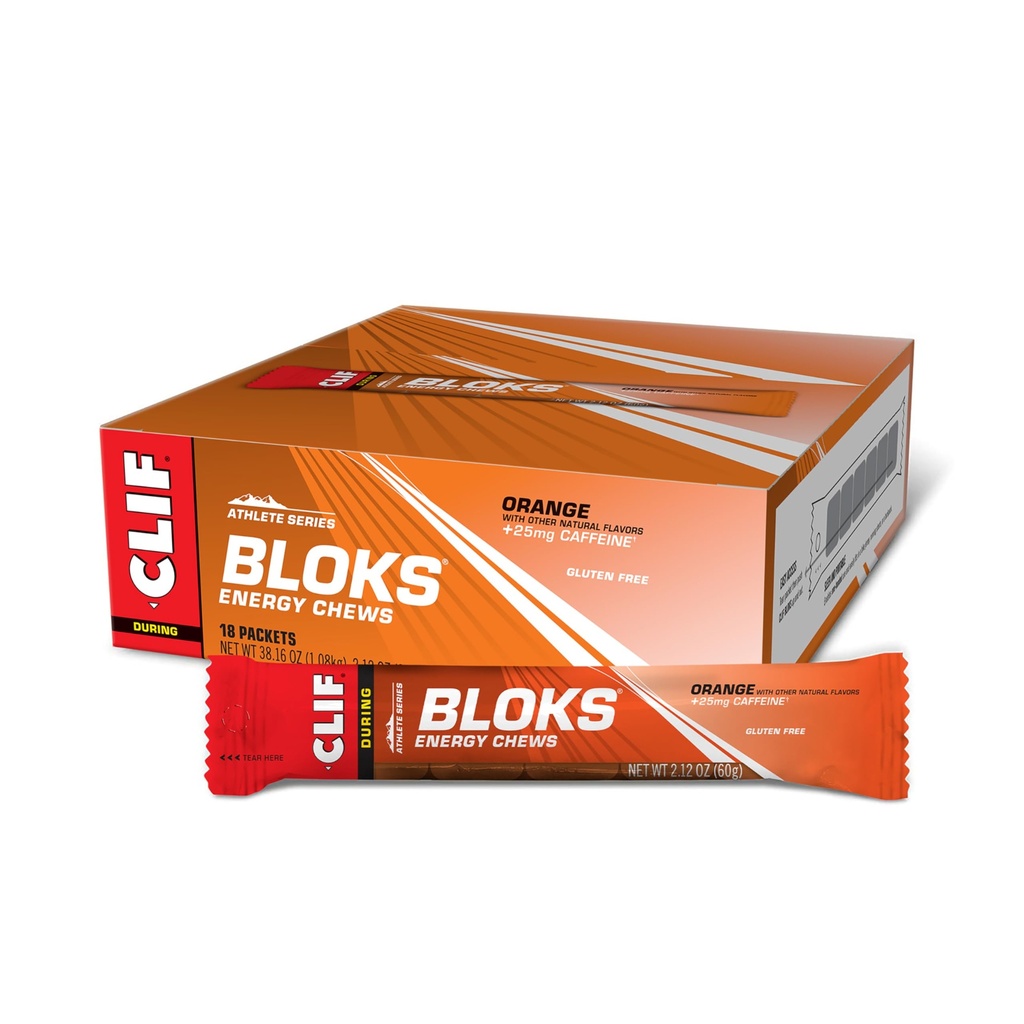 CLIF BLOKS - Pomarańczowy aromat z kofeiną - Przeżuwacze energii - Nie-GMO - Roślina na bazie - Szybkie paliwo do jazdy na rowerze i biegania - Szybkie węglowodany i elektrolity - 2.12 oz. (18 Count)