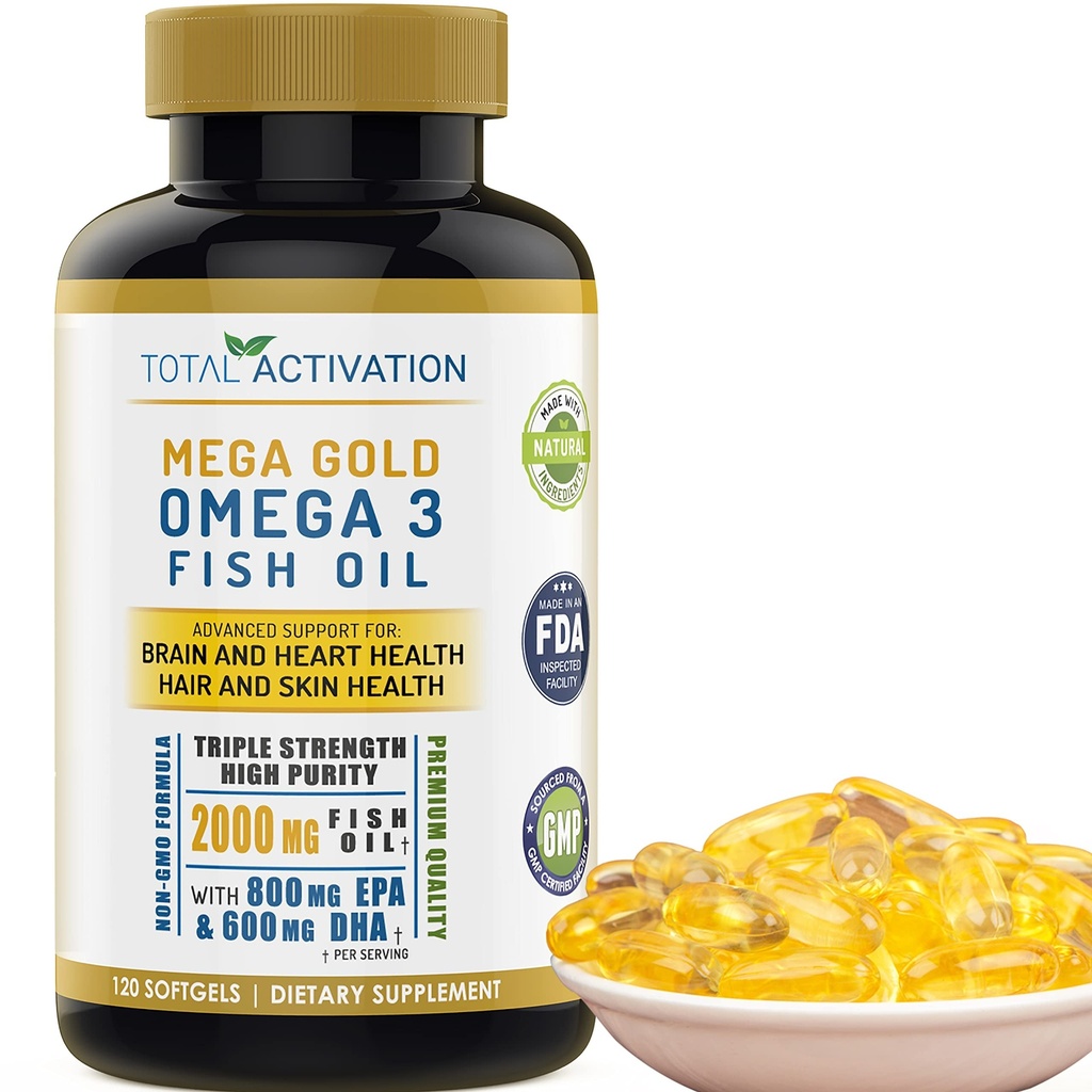 Omega 3 Fish Oil Supplement - 2000mg z EPA DHA & Witamina E - Potrójne wsparcie siłowe dla mężczyzn i kobiet - 120 Easy Swallow Softgels