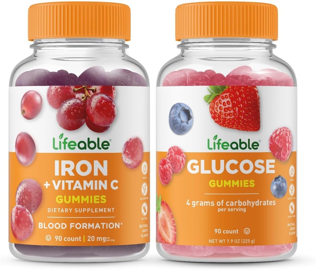 Żywe żelazko z witaminą C + Glukoza, Gummies Bundle - Great Desting, Suplement witaminy, Gluten wolny, GMO wolny, Gummy do żucia