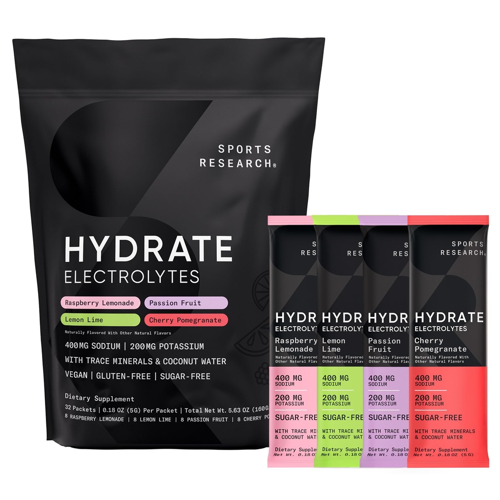 Sports Research ® Hydrate Electrolytes Powder Packets - Wolny od cukru i naturalnie pachnący z witamin, minerałów i wody kokosowej - Wspiera nawadnianie - 32 Pakiety - Pakiety odmiany