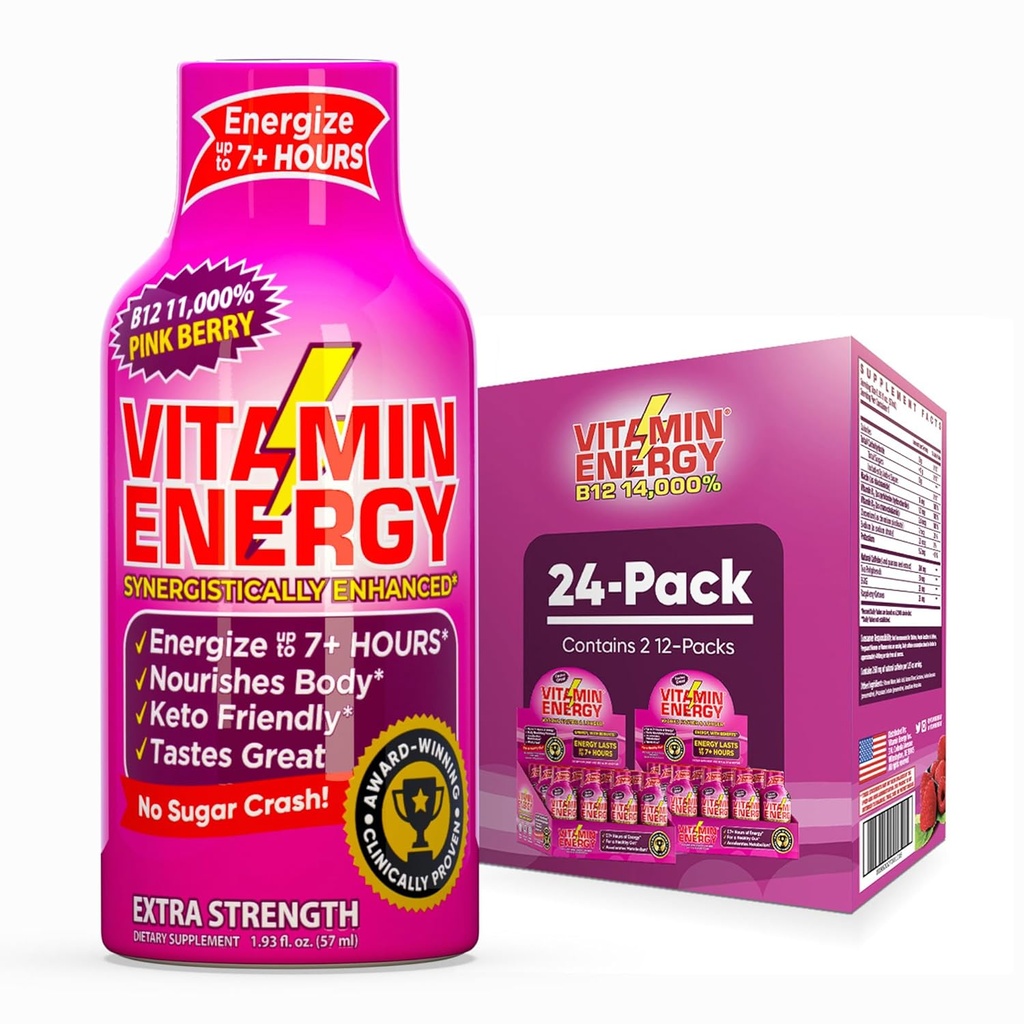 Witamina Energia B12 11 000% Dodatkowa energia strzał Pink Berry 24 Pack, 260mg naturalna kofeina, B12 & B6, Nootropowe Focus, Witalność, Zero Cukier, Gluten- Free, Wegan, Kosher, 1.93 fl oz