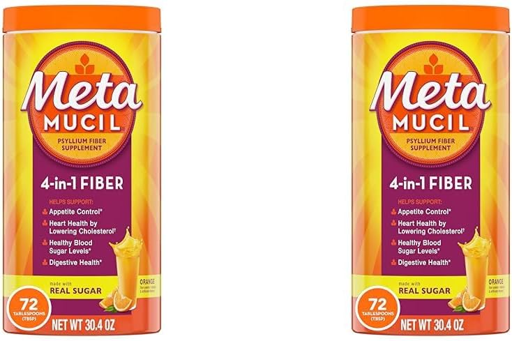 Metamucyl Fiber, 4- in-1 Pzylium Suplement Fiber Proszek z prawdziwego cukru, Pomarańczowy Smooth napojach aromatycznych, 72 Słupki (Opakowania maja Vary), Gruba tekstura, 1.9 Funt (Opakowanie 2)