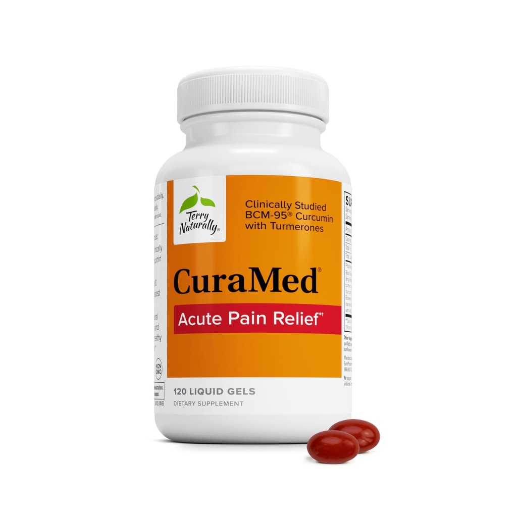 Terry Natural CuraMed Ostry Ból Relief - Suplement z BCM- 95 Curcumin & BOS- 10 Boswellia - Black Seame Seed Oil to Support Relief of Ocasional Discomfort - 120 Płynne żele