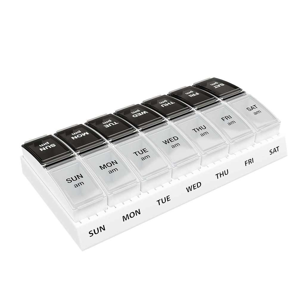 EZY DASE Weekly (7- Day) Codzienne AM / PM pill Case, Medicine Planner, Witamina Organizator, Suplement Container, Małe Komory Pop- out, Designed for Travel, 2 razy dziennie, Black and Clear Lids