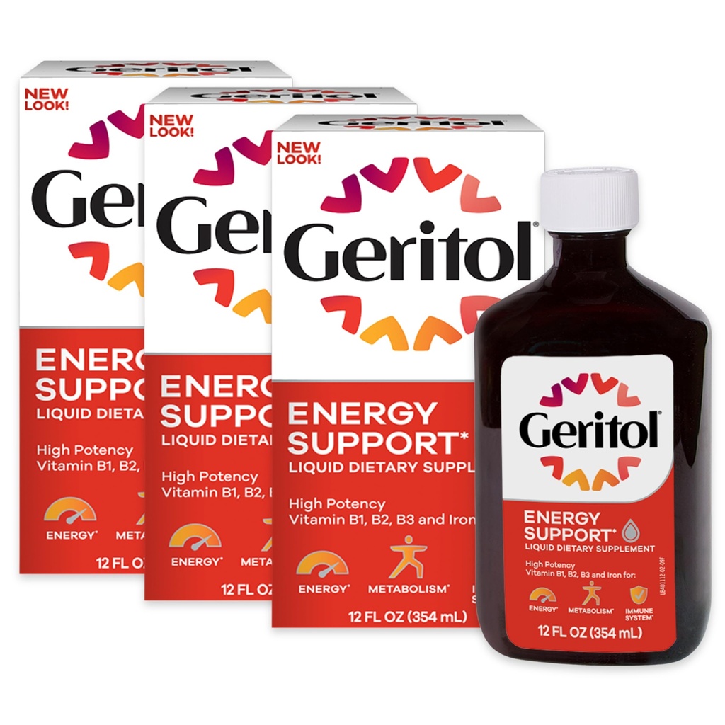 Geritol Płynna witamina i suplement żelaza, Wsparcie energetyczne, Zawiera wysokiej mocy witaminy B- Witaminy i żelaza, Przyjemne Degustacja, Łatwe połykanie, Brak sztucznych słodzików, Non-GMO, 12 Oz, 3 Pack