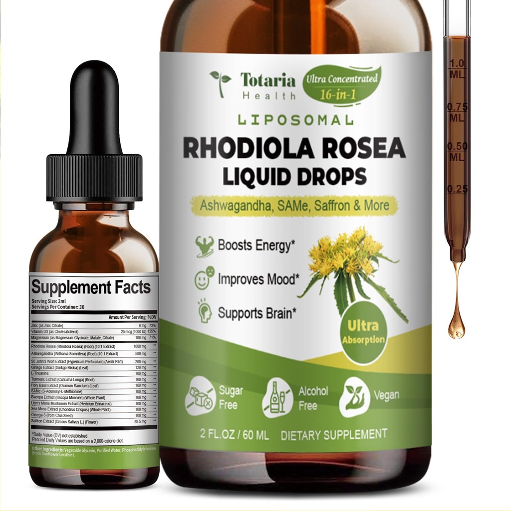 Totaria 16- in-1 Liposomal Rhodiola Rosea Tincture, Ultra Siła Rhodiola Suplement w / Ashwagandha, Saffron, Magnez, SAM- e, Rhodiola Rosea Ekstrakt płynnych kropli do naturalnej relaksacji, Nastrój, Energia