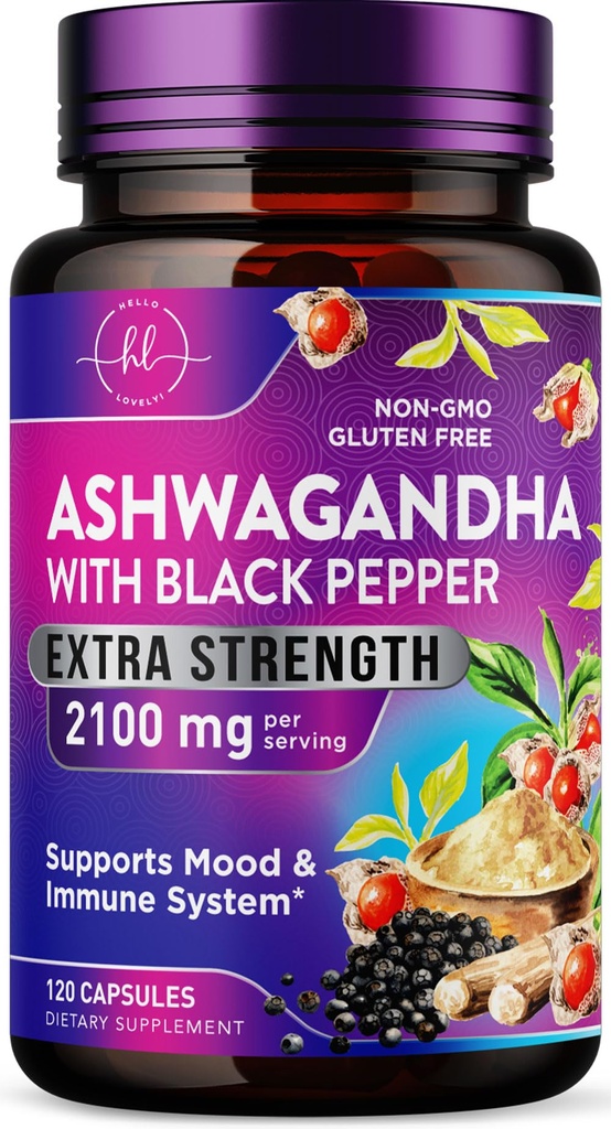 Ashwagandha 2,100 mg - Ashwagandha Suplementy dla Kobiet w Kapsułkach Veggie z proszkiem i ekstraktem korzennym, Czarny pieprz do wysokiej absorpcji, Na bazie roślin, Non-GMO, Butelkowany w USA - 120 Kapsułek Veggie