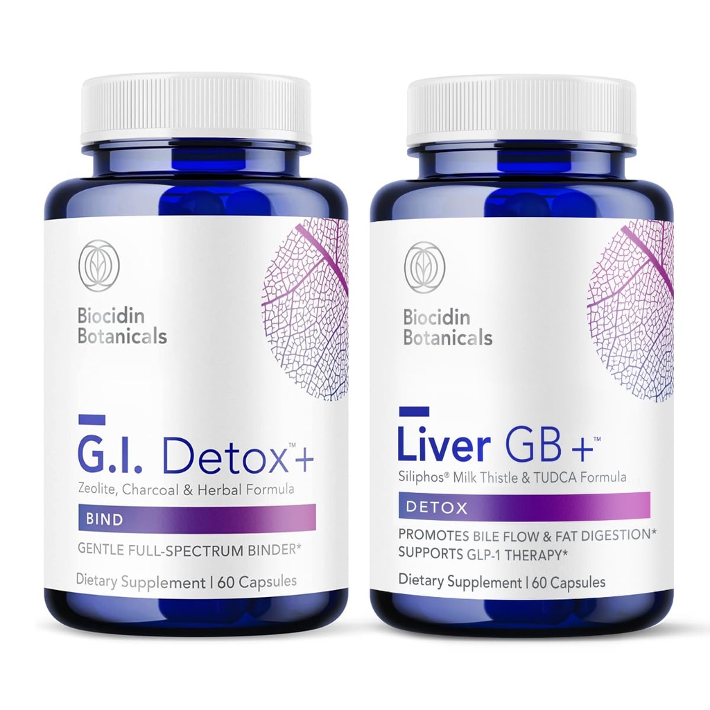 Biocidin G.I. Detox + Gentle Binder & Liver GB + Wsparcie dla wątroby pęcherzyka żółciowego - Pomoc Optymalizacja Toxin Usuwanie i trawienie tłuszczu - Aktywowany Węgiel, Zeolit, TUDCA & Gorzkie zioła (2 Produkty)