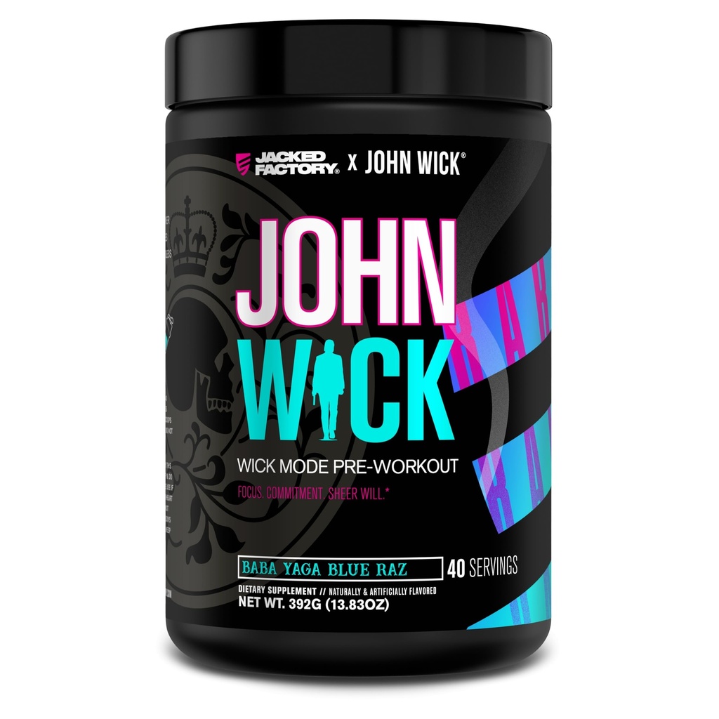 Jacked Factory X John Wick - Wick Mode Pre Workout Powder - Intensywna energia, Battle- Ready Focus, Niepowstrzymane zaangażowanie i Sheer Will - 40 Sług, Baba Yaga Blue Rz
